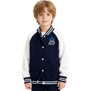 Kids Raglan Two Tone Baseball Bomber Jacket, Triple Striped Rib Stand Collar Snap Button Varsity Coat, Lightweight Soft Loose Fit Outerwear for Boys Girls Spring Campus Outdoor Daily Outing