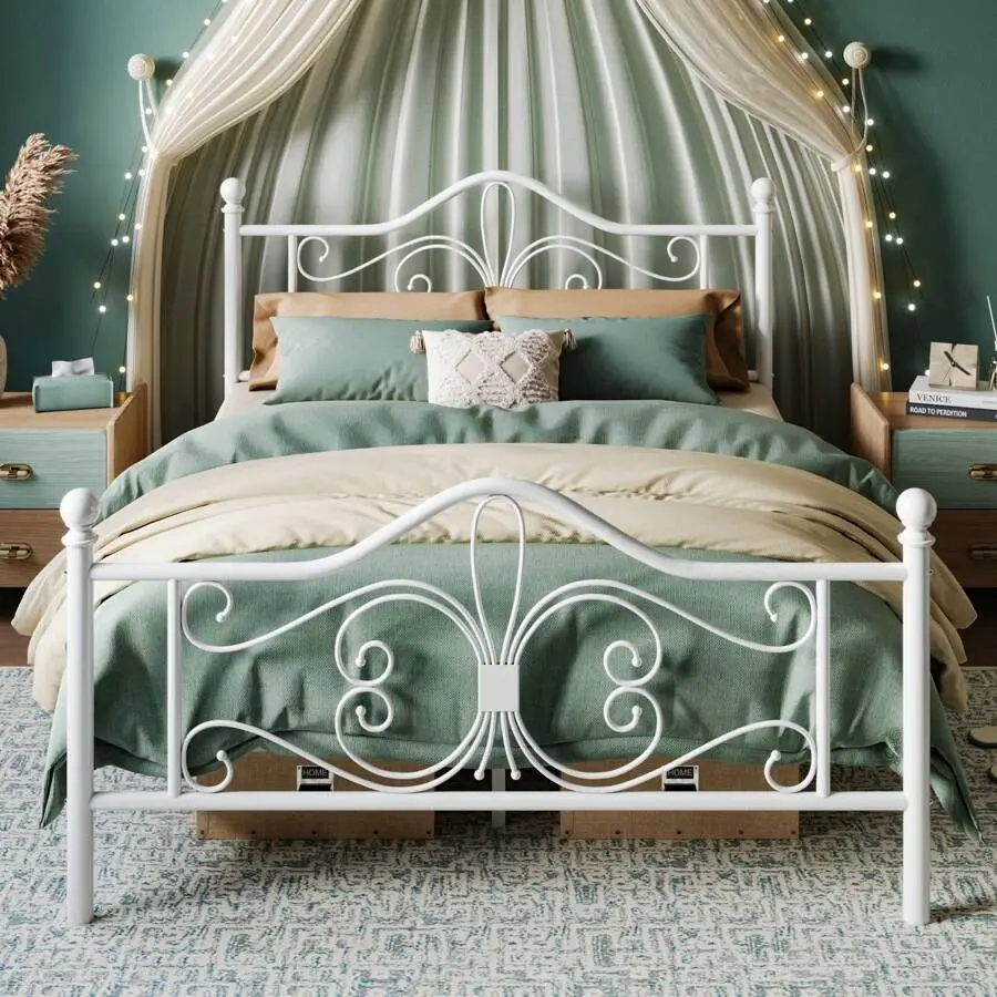 Classic Metal Platform Bed Frame (Twin, Full, Queen, King Sizes) for Kids - Butterfly Pattern Headboard & Footboard, No Box Spring Needed, Easy Assembly, White & Black, Assembly Required