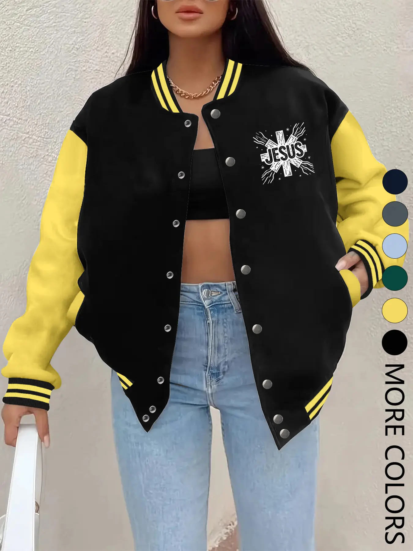 Women's Fall Winter Baseball Jacket Button, Creative Jesus Letter Cross Print, Casual Sporty Coat, Comfortable Versatile Outerwear