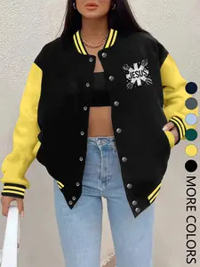 Women's Fall Winter Baseball Jacket, Creative Jesus Letter Cross Print, Casual Sporty Coat, Comfortable Versatile Outerwear