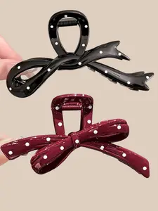 Elegant Angolan Polka Dot Bow Hairpins, 2pcs Hair Claw Clips for Holiday & Date, Perfect Gift for Vacations & Festive Occasions
