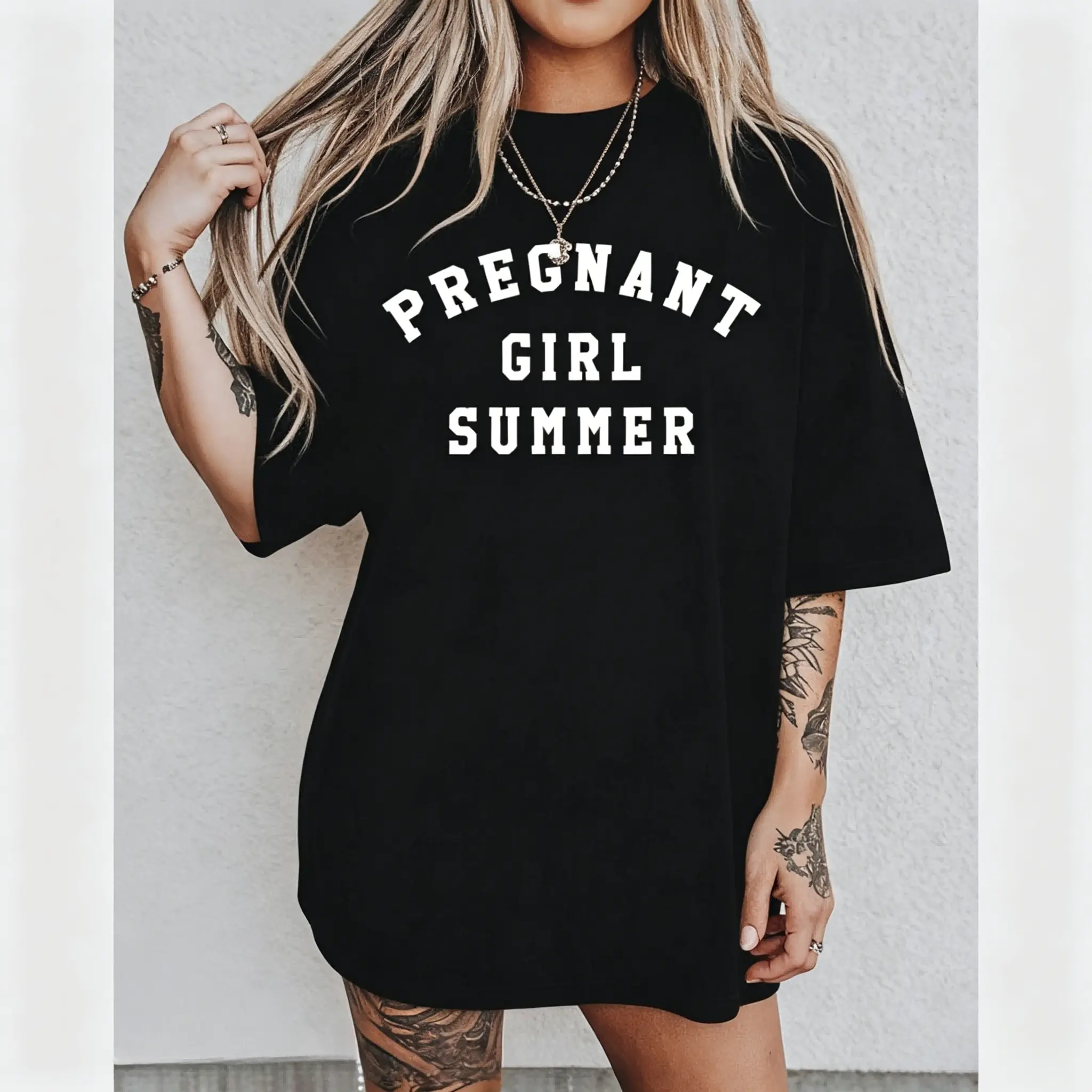Women's Bold Black Short-Sleeve Maternity Tee - Street Chic, Breathable Fabric, Gender Neutral, Round Neck, Beach Sports, Summer, Fast Fashion, High Street, Versatile Silhouette, Pregnancy Gift for Moms-to-Be, Sporty Chic, Short Sleeves