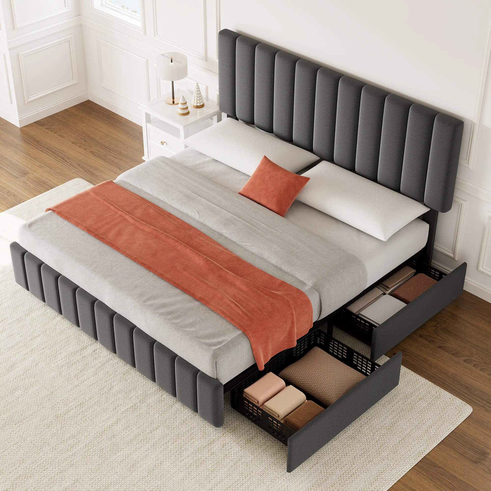 【GARVEE】Multi-Size PU Leather Upholstered Storage Platform Bed Frame - 4-Drawer Storage, 6-12" Adjustable Headboard, Sturdy Wooden Slats, Clutter-Free Base, Easy Assembly, No Box Spring Needed - Full/Queen Size (YS188-40 Black) Bedroom Indoor Furniture