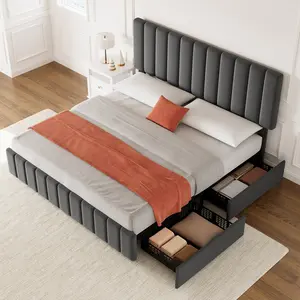 【GARVEE】Modern Platform Bed Frame with 4 Storage Drawers – Adjustable Headboard – Sturdy Wooden Slats – Easy Assembly – No Box Spring Needed – Upholstered Design – Bedroom Furniture