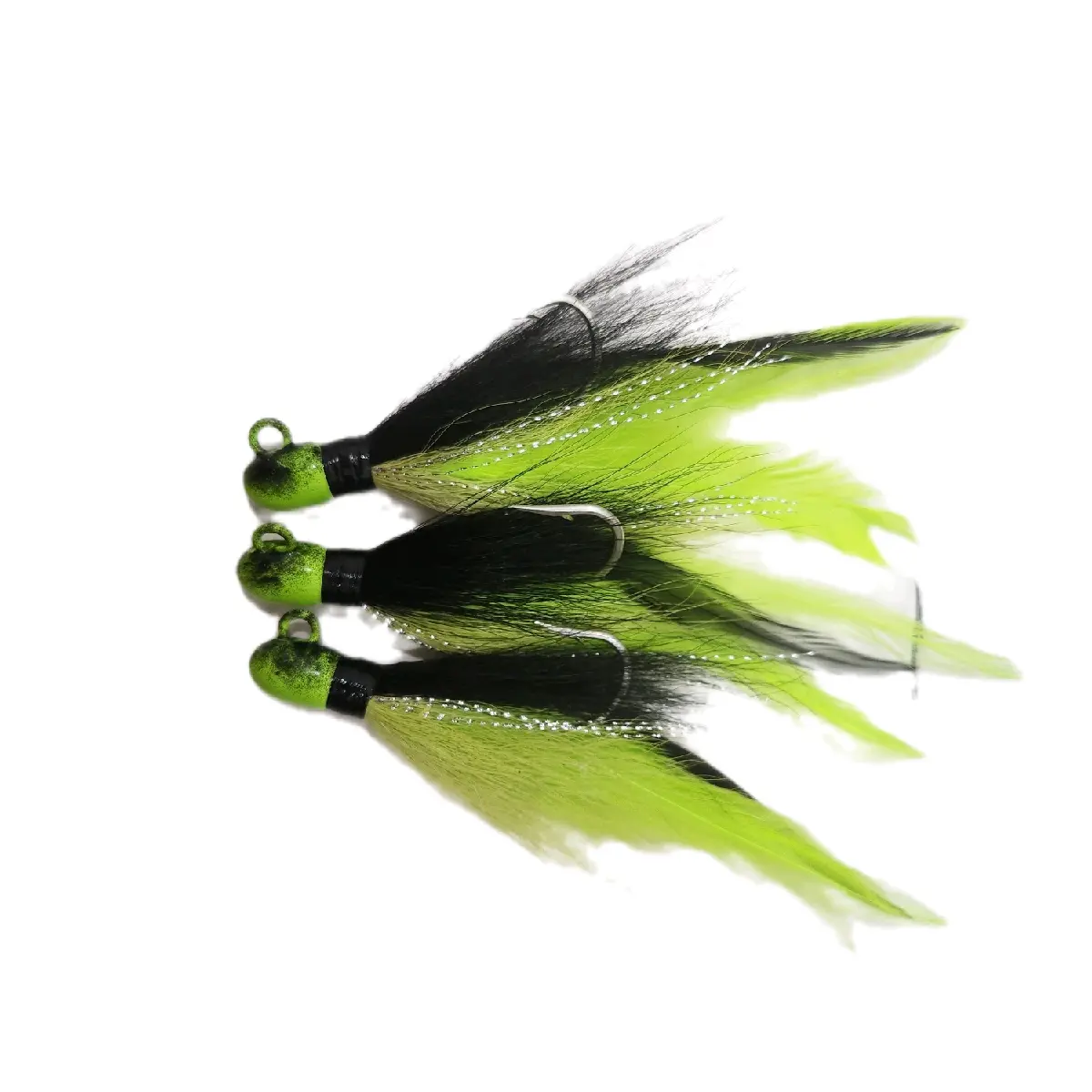 Green and black Custom bucktail jig made with feather tail and crystal flash for saltwater fishing