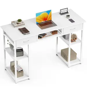 Computer Desk with Drawer and Power Outlets, 48" Office Desk with 2 Monitor Stands and Fabric File Cabinet, Writing Gaming Table with Shelves and 2 Hooks for Home Office Computer Desk Small Home Office Bedroom Writing Study PC Table with Storage