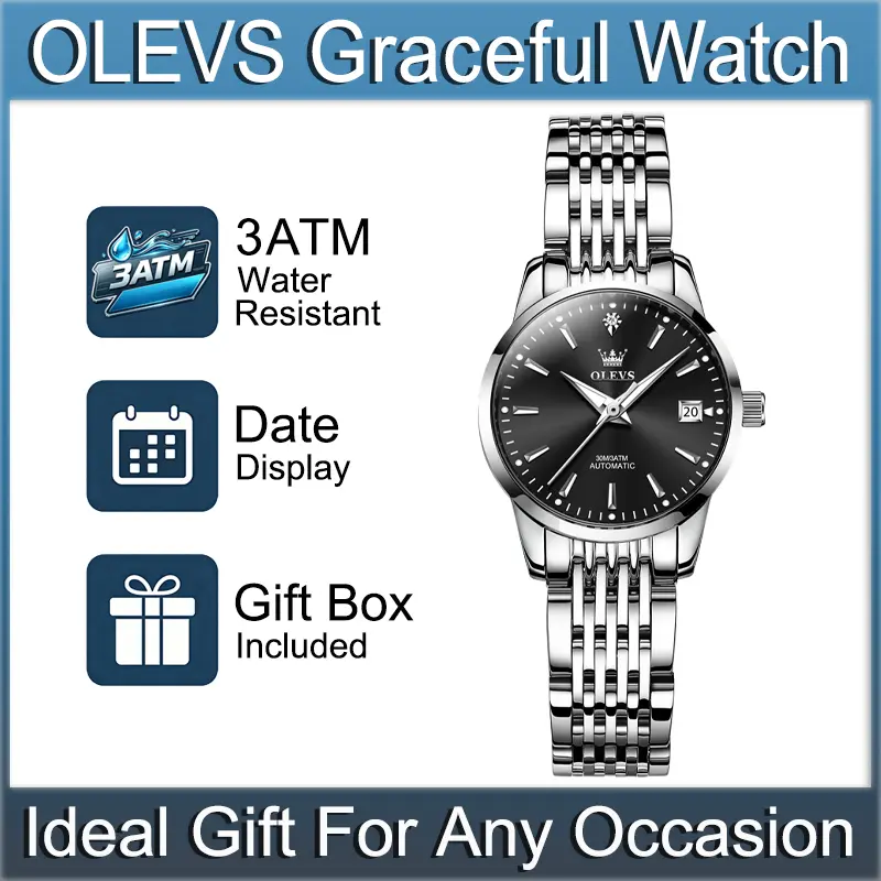 OLEVS Model 6635 Women Self-Winding Mechanical Watch, Elegant Versatile Dial with Single Date Window, Luminous Hands, 3ATM Water Resistant, Ideal Gift for Ladies