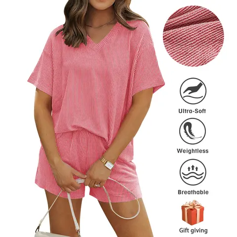 Women's Ribbed Short-Sleeve Top and Shorts Lounge Set with Pockets