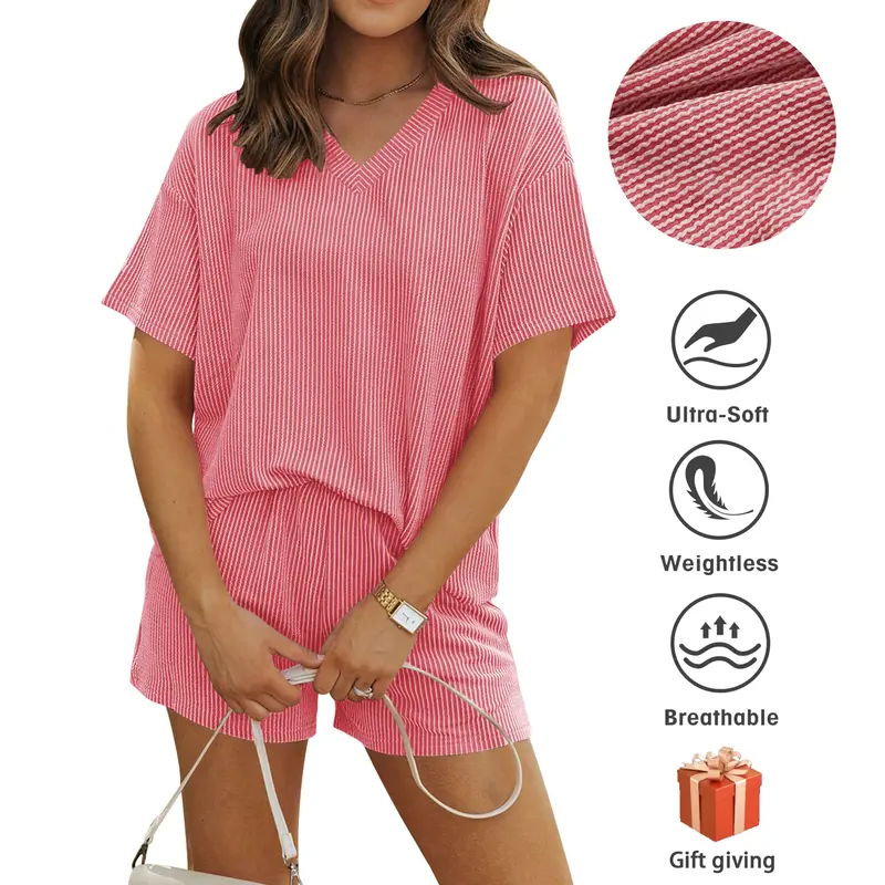 Women's Ribbed Short-Sleeve Top and Shorts Lounge Set with Pockets