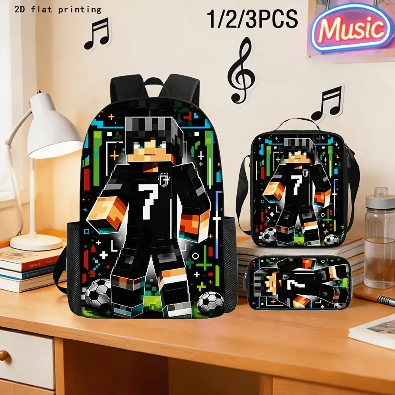 Cyberpunk Gaming Backpack Set, 1/2/3 Piece Pixel Art Backpack with Pencil Case & Lunch Bag, Cool Bag for School & Travel