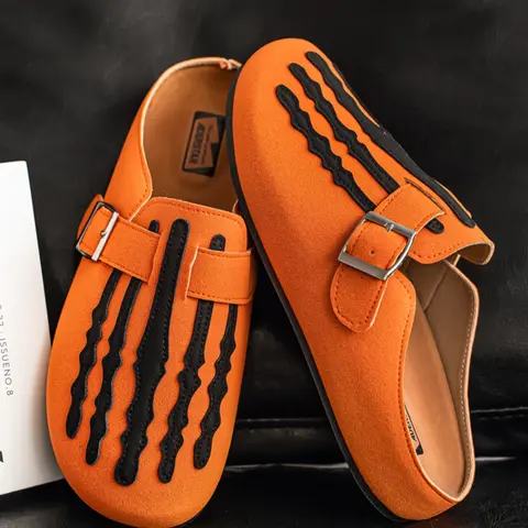 Men's Fashionable Trendy Clogs - Retro Thick-Bottom Leather Rubber Round Toe Buckle Slip-On Mules, All-Seasons Casual Walking Footwear for Home & Outdoor Ankle Comfort (Orange)