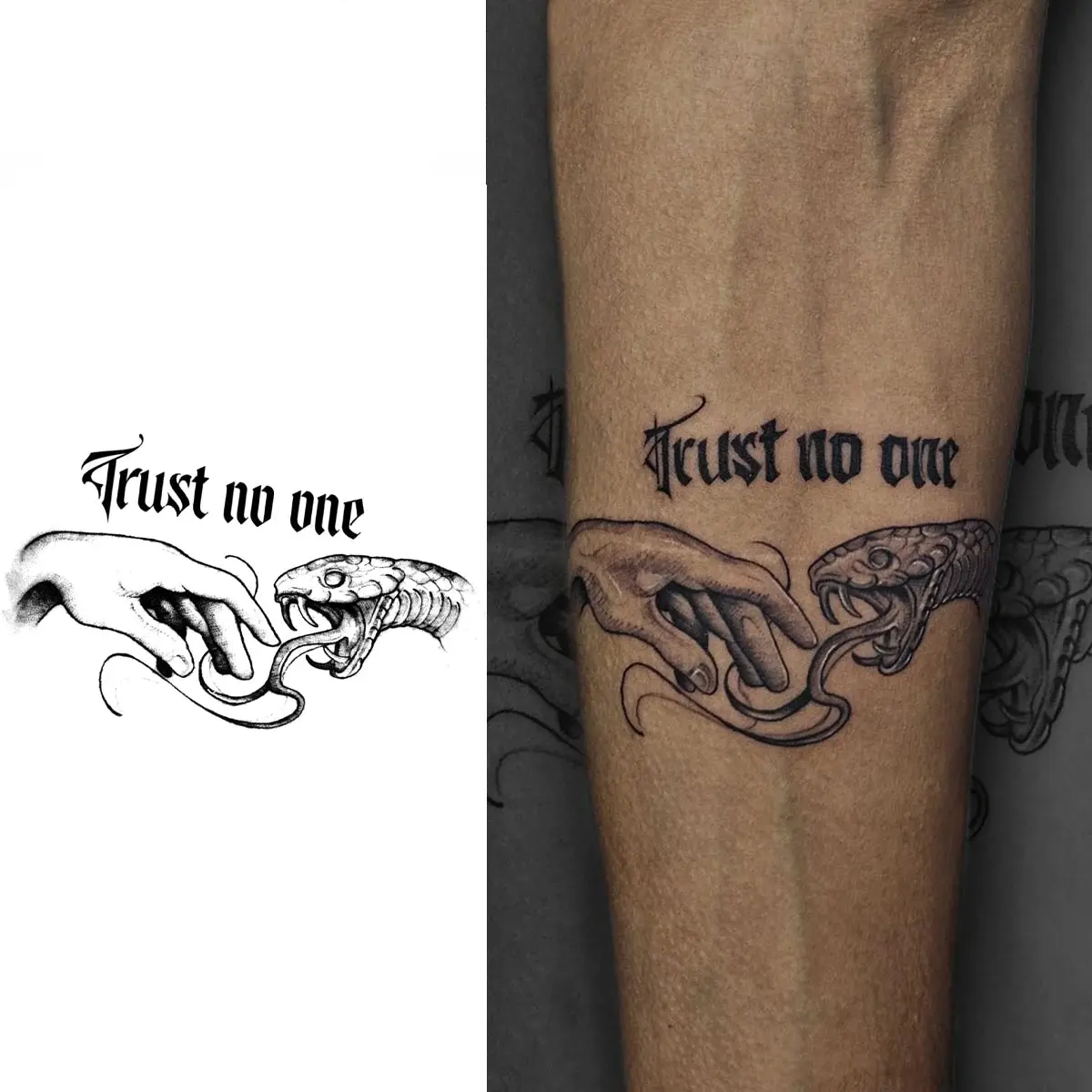 Genipin Temporary Tattoos, 14-Day Long Lasting "Trust No One" Art with Hand and Snake Symbolic Imagery, 4.72x3.15 in Makeup Accessory, Hand Symbolic Imagery, Bold Phrase Art, Hand-Snake Combo