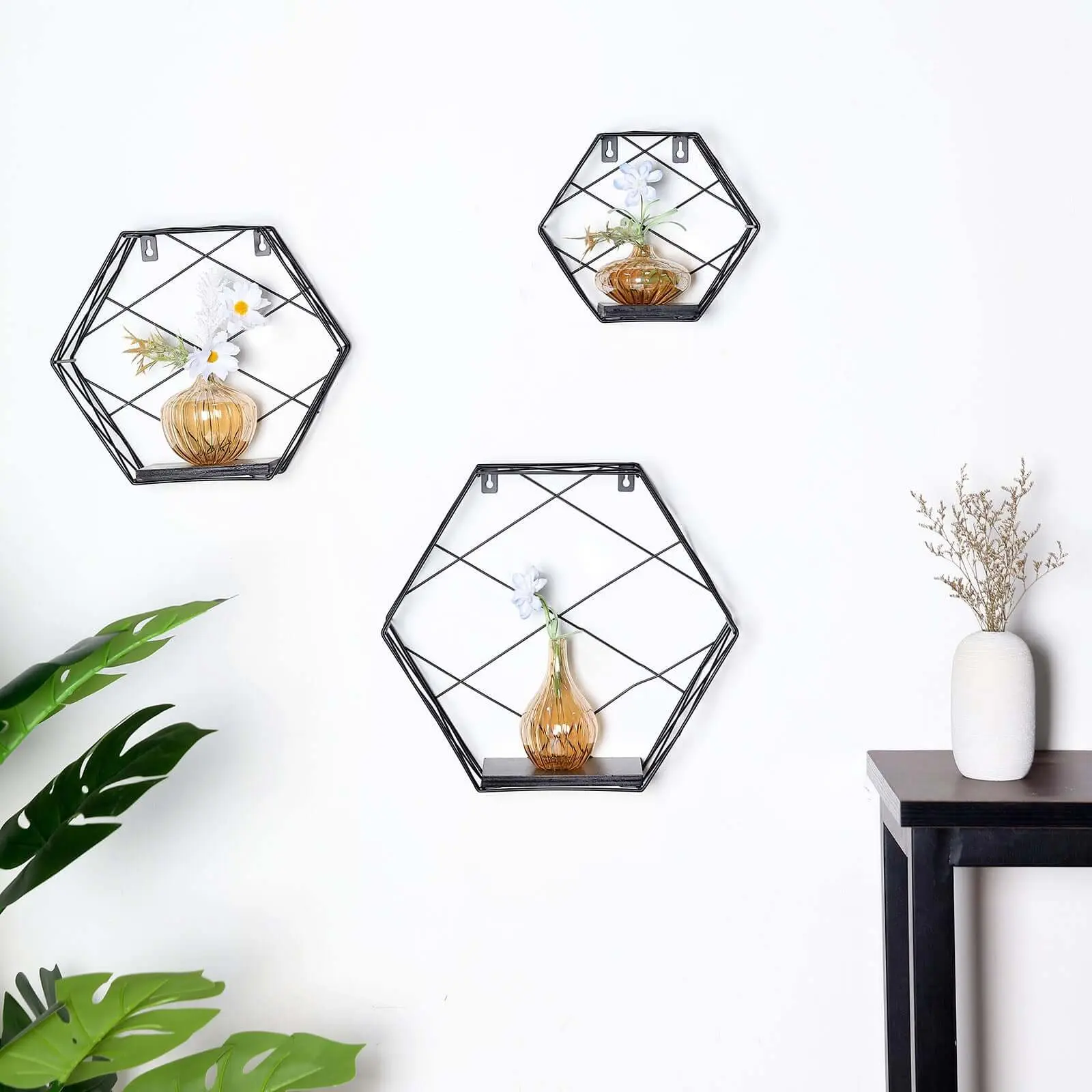 3 Pack Black Hexagonal Floating Wall Shelves, Decorative Geometric Wall Mounted Shelves 9",12",14"