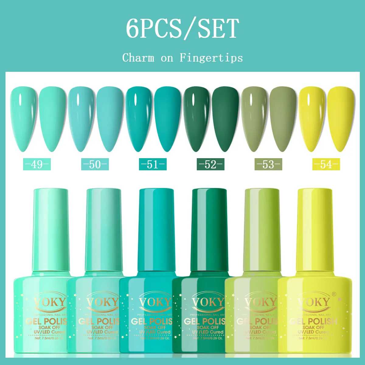 VOKY 6-Pack Green Gel Nail Polish Set #49-54 (Mint Sage Emerald Olive Collection) - UV LED Soak Off Manicure Kit, 5-Free Fragrance Free Long Lasting High Gloss Care, Multi-Pack Nail Art Wipes, Set-1 Spring Summer Gift, Nail Care