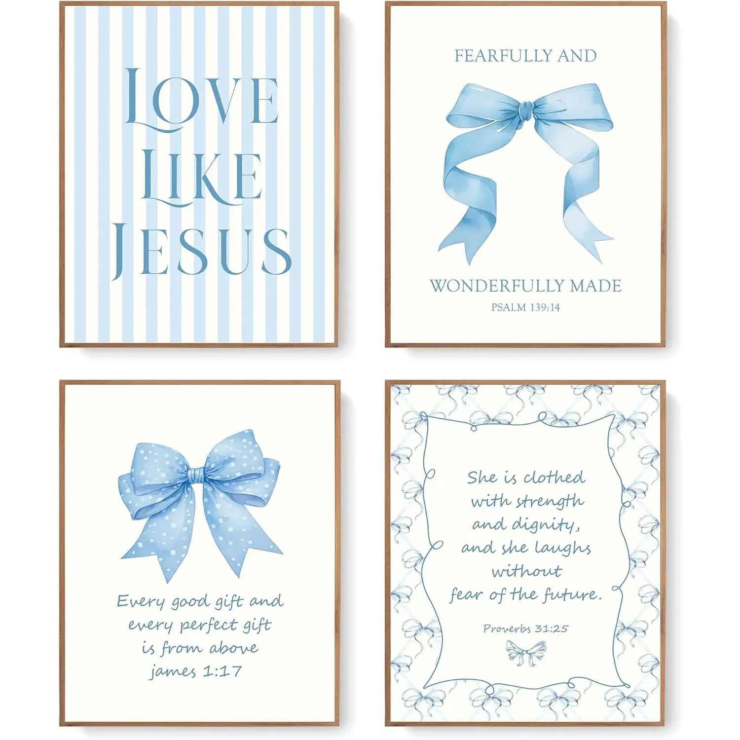 Blue Bow  Wall Art Decor Posters, Light Blue Bow Christian Room Bedroom Bathroom Dorm Wall Art Decor Aesthetic for College Teen Girls Gifts, Inspirational  Verses Bow Wall Decor, 10x8 Inch Set of 4 Bow Pictures(UNFRAMED)