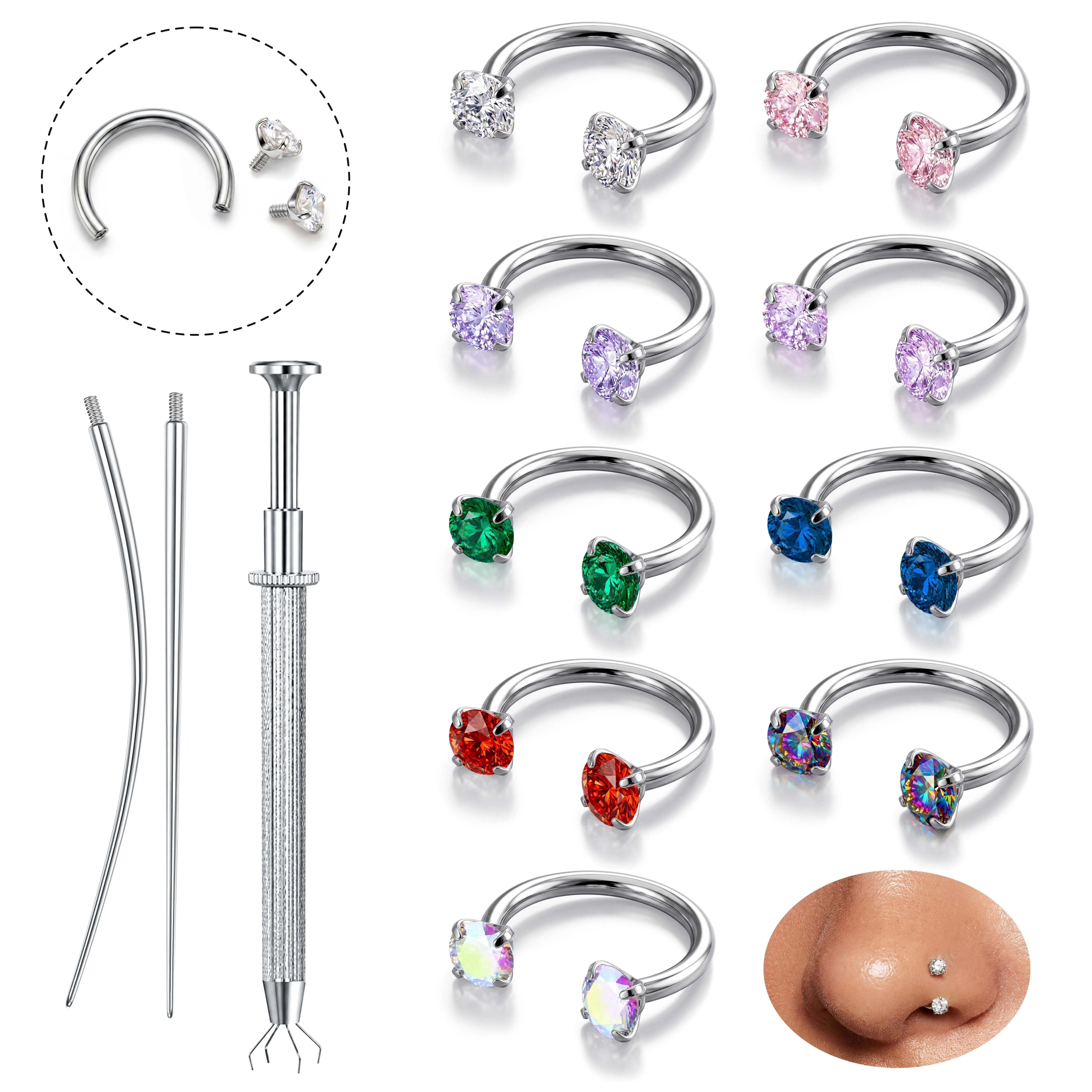MILACOLATO 18G Horseshoe Nose Rings for Women Double Gem Horse Shoe Nose Ring Hoop 316L Surgical Steel Internally Threaded Silver Cartilage Helix Tragus Half Hoop Earrings Eyebrow Labret Lip Piercing Jewelry Small Septum Rings 8MM