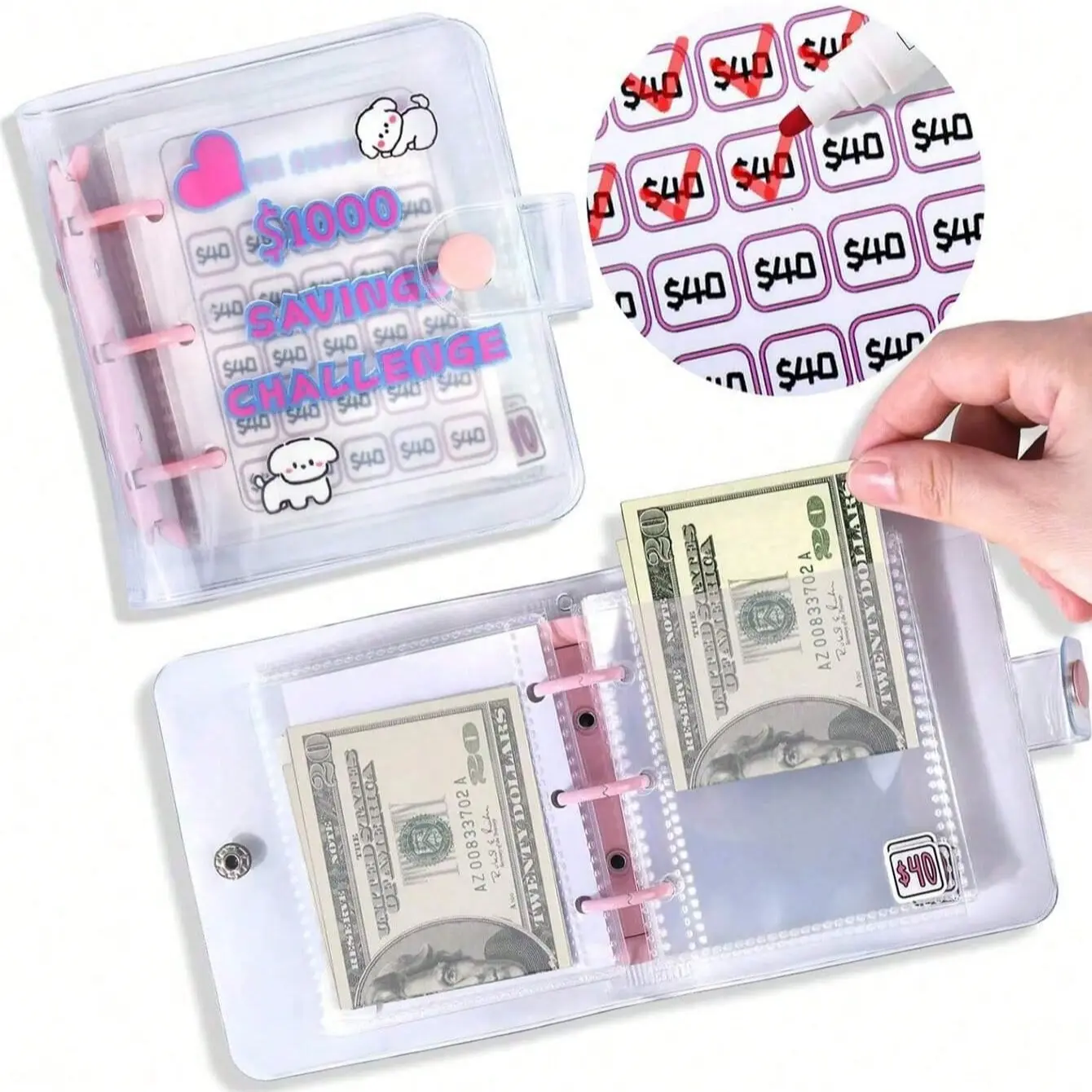 Savings Challenge Mini Binder with Cash Envelopes, Portable Money Saving Budget Binder, Savings Tracker Organizer, Reusable, Cute Style, Ideal for 1000 Cash Stuffer, Savings Challenge Planner