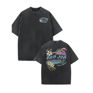 230g Heavyweight Vintage Washed Cotton T-Shirt - Tropical Flamingo & Surfboard Graphic Print, Dual-Sided Beach Carnival Design, Loose Fit Crew Neck Short Sleeve for Men & Women, Summer Surfing, Parties, Beachwear (Machine Washable)