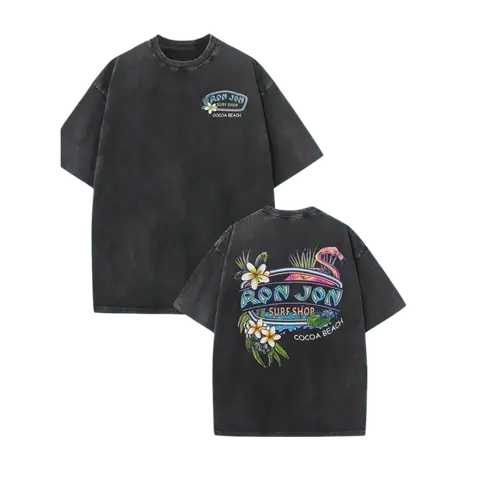 230g Heavyweight Vintage Washed Cotton T-Shirt - Tropical Flamingo & Surfboard Graphic Print, Dual-Sided Beach Carnival Design, Loose Fit Crew Neck Short Sleeve for Men & Women, Summer Surfing, Parties, Beachwear (Machine Washable)