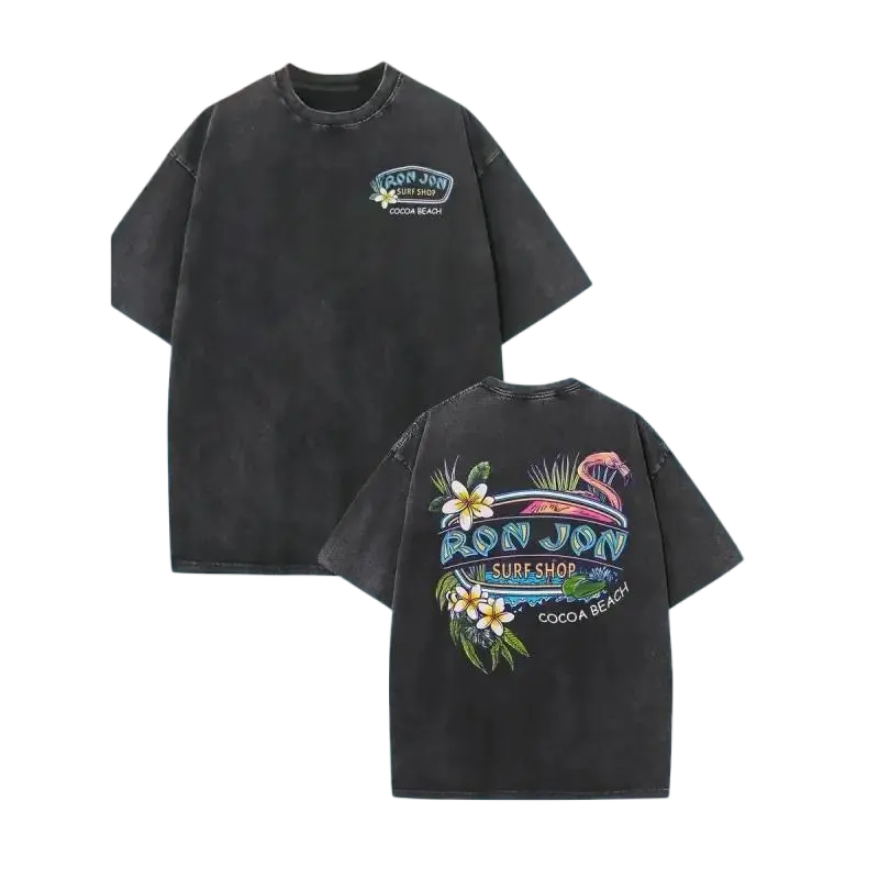 Women's Casual 230g Heavyweight Vintage Washed Cotton Fabric T-Shirt - Tropical Flamingo & Surfboard Graphic Print, Dual-Sided Beach Carnival Design, Loose Fit Round Neck Short Sleeve, Personalized Stylish Summer Beachwear (Machine Washable)