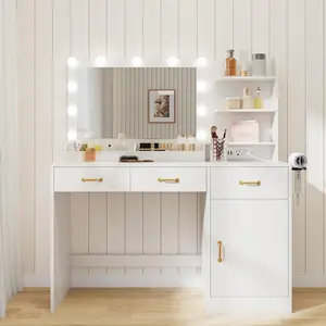 Vanity Desk with Mirror and Lights, Makeup Table Set with Upholstered Storage Stool, 11 LED Bulbs, Built-In Power Outlet, 3 Drawers and Storage Shelves