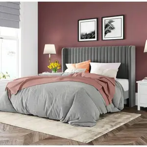 Full/Queen/King Size Velvet Bed Frame/Vertical Channel Tufted Wingback Headboard/Upholstered Platform Bed/Strong Wooden Slats/No Box Spring Needed/Easy Assembly