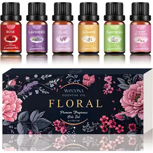 Floral Essential Oils Set for Diffusers & Candle Making - 6x10ml Natural Botanical Blends with Rose, Lavender, Lilac, Jasmine, Gardenia, Cherry Blossom Scents Fragrance Glass