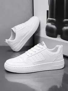Classic White Sneakers - Low-Top Casual Design, Breathable Perforated Leather, Comfortable Thick Sole, Non-Slip Outsole - Perfect for School, Campus, Daily Commute & Street Style - Trendy Student Skate Shoes