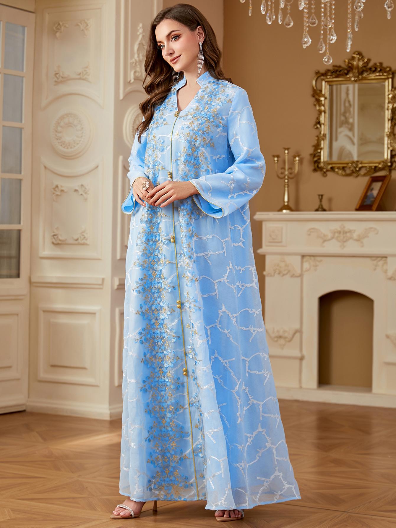 Ramadan Dubai Woman’s Abayas Embroidered Sequin Floral Patter V-Neck Elegant Casual Kebaya Muslim Long Dress