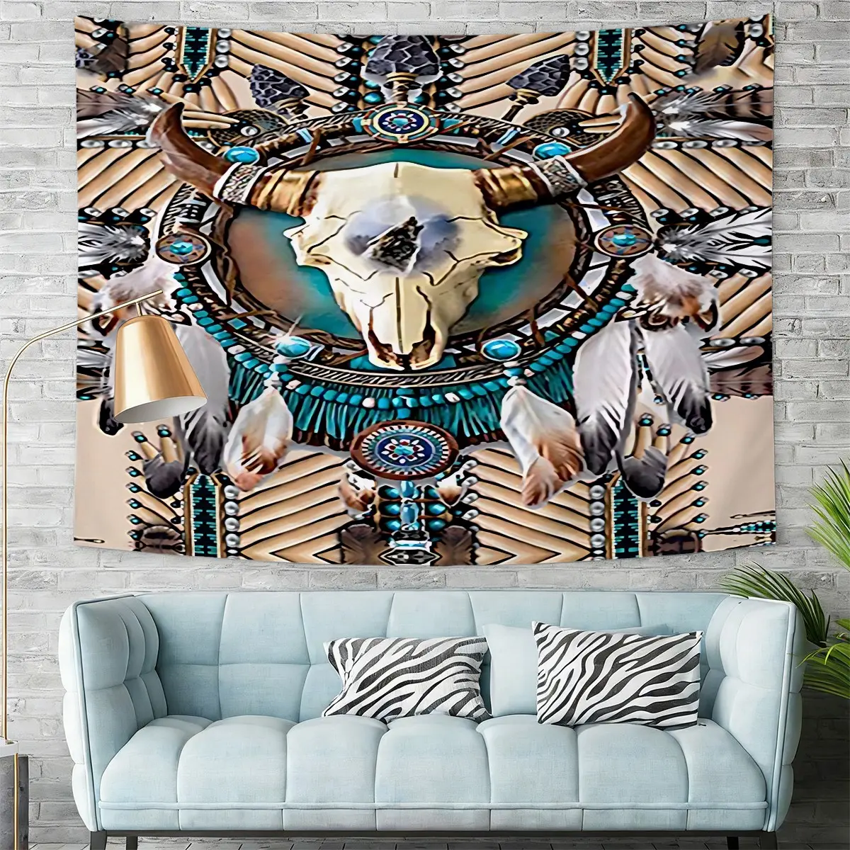 Turquoise Feather Geometric Tapestry, Soft  Polyester Wall Hanging, Lightweight Photo Backdrop, Ideal for Bedroom Decor, Living Room Feature Wall, Dorm Room, Apartment, Tribal Theme Party, Bohemian Rustic Home Aesthetic Decor