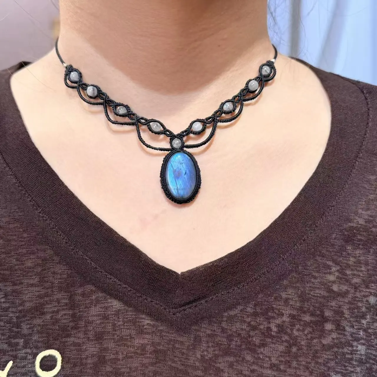 Handmade Craft Labradorite Stone Pendant Necklace, Unisex Macrame Boho Ethnic Minimalist Jewelry, Boho Wear Magic Stone Made to Order Gift