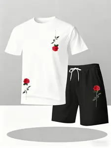 Men's Casual Sports 2-Piece Set, Elegant Red Rose Outfit: Short Sleeve T-Shirt & Black Shorts with Rose Logo, Gentle Romantic Style for Daily Leisure & Light Dating Wear