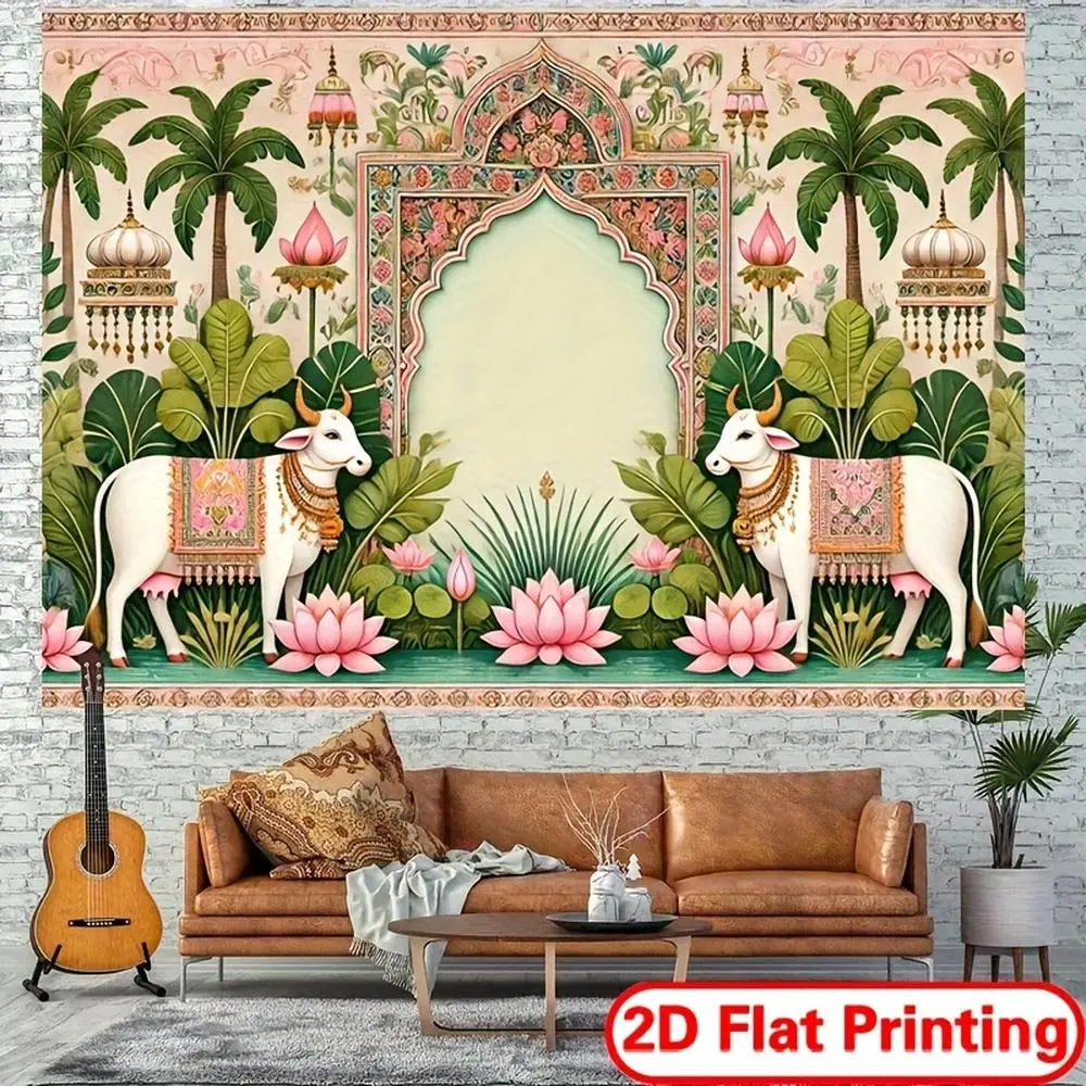1pc 2D Flat Durable Indian Wedding Banner - 1-Piece Traditional Indoor Indian Events Textile Decor, Pink Floral Motifs, Arch Window Design, Vibrant Pink-Green Backdrop, Non-Electric White Soft Texture Fabric, Glam Diwali Celebrations