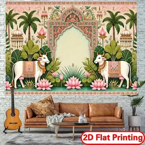 1pc 2D Flat Indian Wedding Banner - Traditional Indian Party Textile Decor, Pink Floral Motifs, Arch Window Design, Vibrant Pink-Green Backdrop with Non-Electric White Fabric, for Diwali, Navratri, Flowers-Infused Celebrations