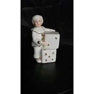 Vintage Monti Piero Porcelain Harlequin Clown Figurine with Dice – White & Gold Elegance