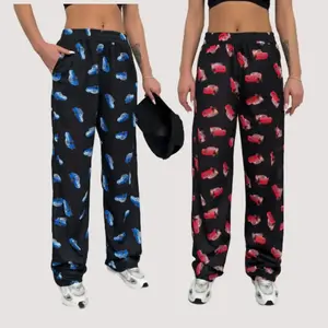 Couple Pajama Pants – Blue Car Print Wide Leg Bottoms, Cozy Valentine’s Sleepwear for Him & Her