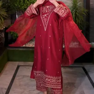 Pakistani 3pcs Traditional Red Embroidered Dress Set for Women