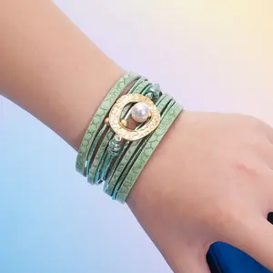 Women's Sports Wristband Bracelet, Western-Style Fashion Design, Multi-Layer Pearl and Braided Cord, Magnetic Leather Clasp, Bracelets