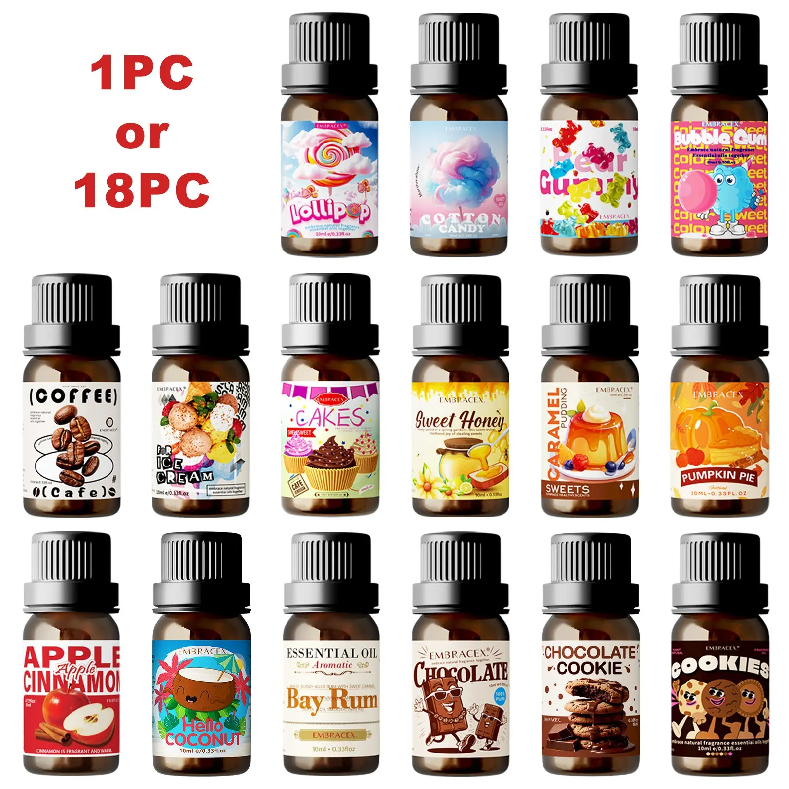 18 Types 10ML Food Grade Essential Oils, Aromatherapy Scented Oils, Aromatherapy Diffusers, Car Air Freshener, Room Aromatizer, Room Scents, Home Fragrances, Bath Oil, DIY Soap Candle Gift Set, Aromatherapy Atomising Diffuser