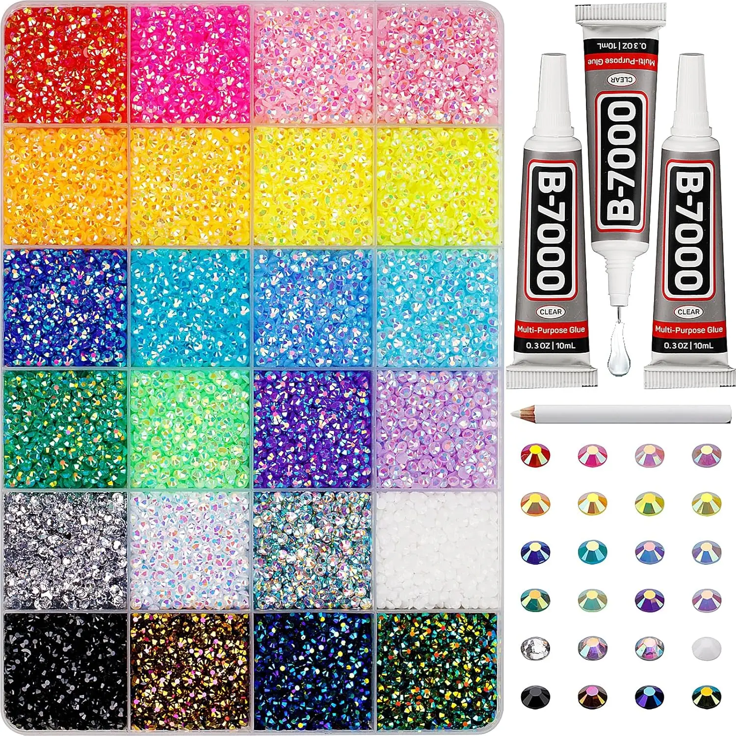 Flatback Rhinestones Bulk Kit - 30,000Pcs 2-6Mm Multicolor Resin Gems Nail Art Supplies, Black Glitter Acrylic Powder, Gold Plated Pearl Cross Charm Bracelet Set, Red Scissors, Women's Spa Headband with Towel