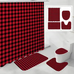 Red Buffalo Plaid Shower Curtain Set, Christmas Waterproof Shower Curtain 71' X 71', Holiday Decoration, with 12 Hooks Included