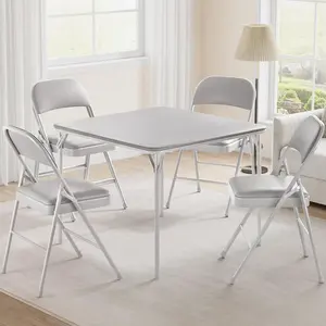Folding Portable Card Table and Foldable Chair Set of 5, Pu Upholstered Foldable Chairs and Table With Metal Frame, Folding Table and Chair Suitable for Dining Room, Living Room, Office, Camping-Grey(2 Packages)