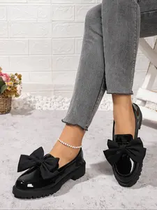 New Thick Sole PU Leather Loafers with Bow Print, Cute and Comfortable Slip-On Shoes, Perfect for Casual Wear, Stylish Women's Footwear