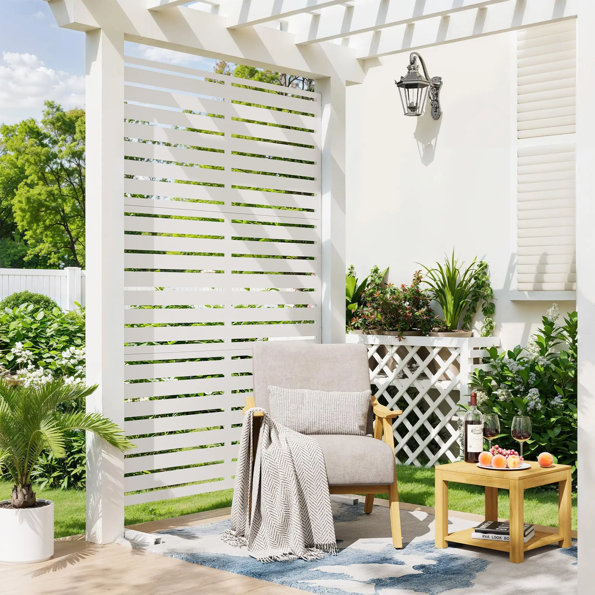 6FT Metal Privacy Screen, 72"H x 47"W Decorative Fence Panel with Stable Stand, Weather-Resistant Freestanding Divider for Garden, Patio, Balcony