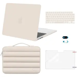Case Compatible with MacBook Air 13 inch (2022-2025, M2 A2681, M3 A3113, M4 A3240). Includes Hard Case, Puffy Bag, Keyboard Cover, Webcam Cover, Screen Film for 13.6 inch MacBook Air, Sand