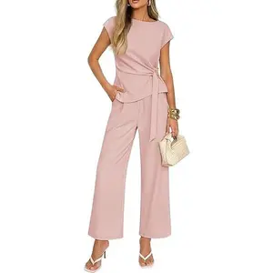 ZESICA Women's 2026 Summer 2 Piece Outfit Sets Casual Short Sleeve Knit Belted Tops and Wide Leg Pants Work Office Clothes