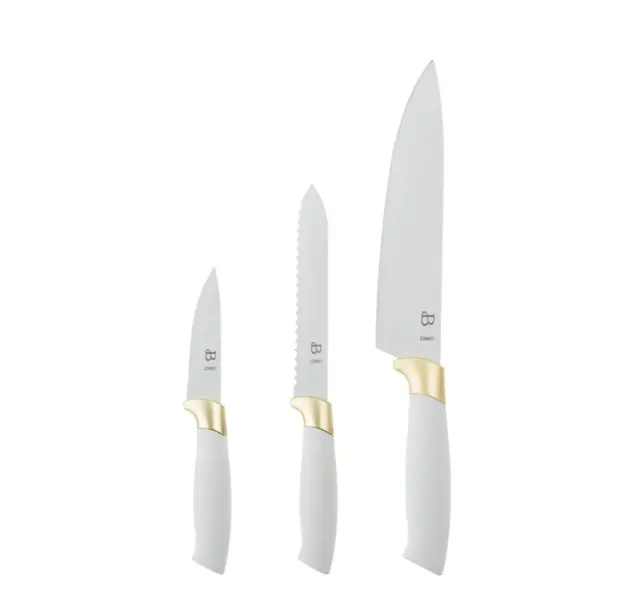 Beautiful 3-Piece Soft Grip Stainless Steel Chef Knife Set White and Gold by Drew Barrymore