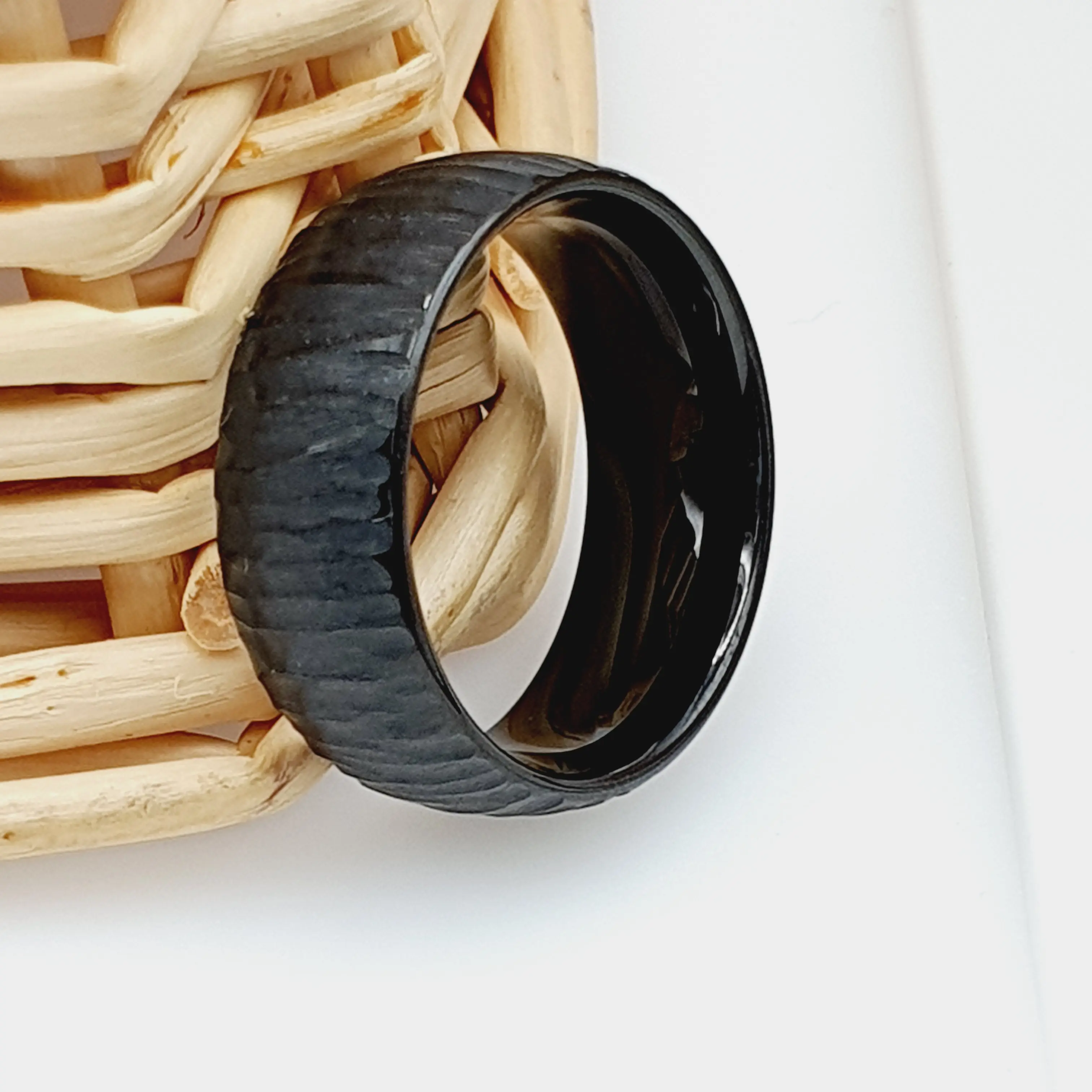 Custom  Personalized Tungsten Wedding Band for Men and Women, 8MM Black Semi Domed Ring with Tree Bark Carved Textured Finish