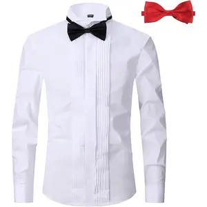 Men's Tuxedo Dress Shirt Wing Collar Front Pleat French Cuffs with 2 Bow Ties Button Down Shirts
