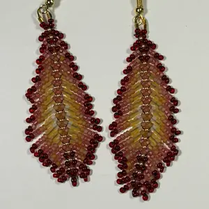 Handmade Seed Beaded Earrings Red Feather Shaped with Gold Metal Accents for Stylish Accessory